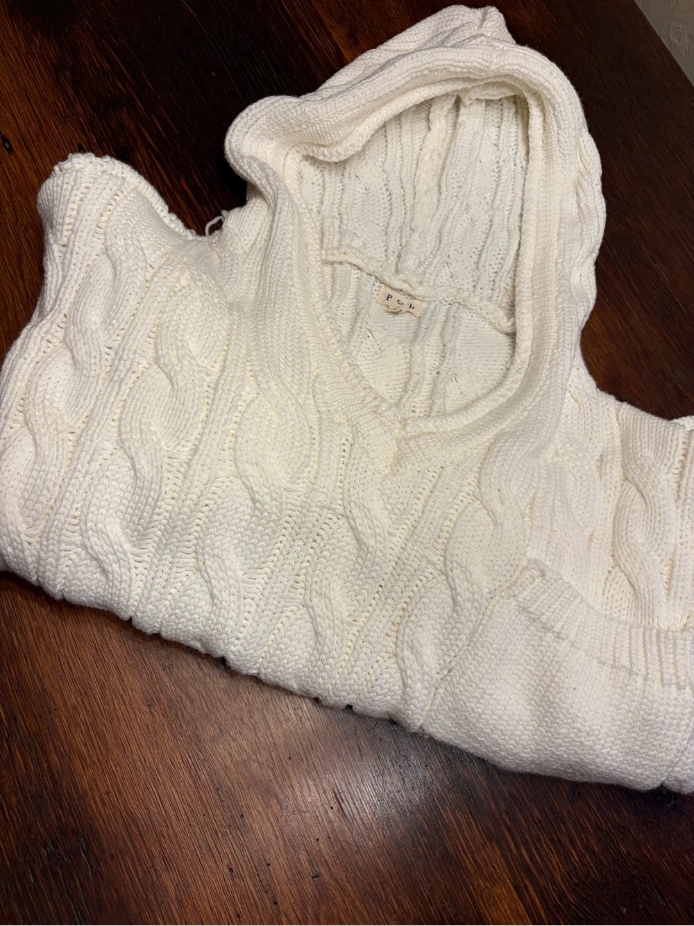 BOHO Style POL Brand Off White Cable-Knit Hooded Turtleneck Sweater